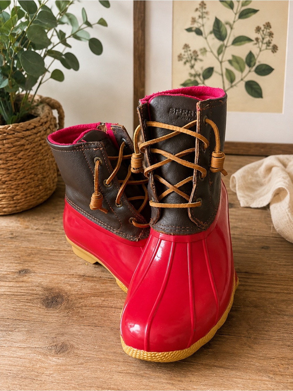 Sperry Red and Brown Kids Waterproof Duck Boots